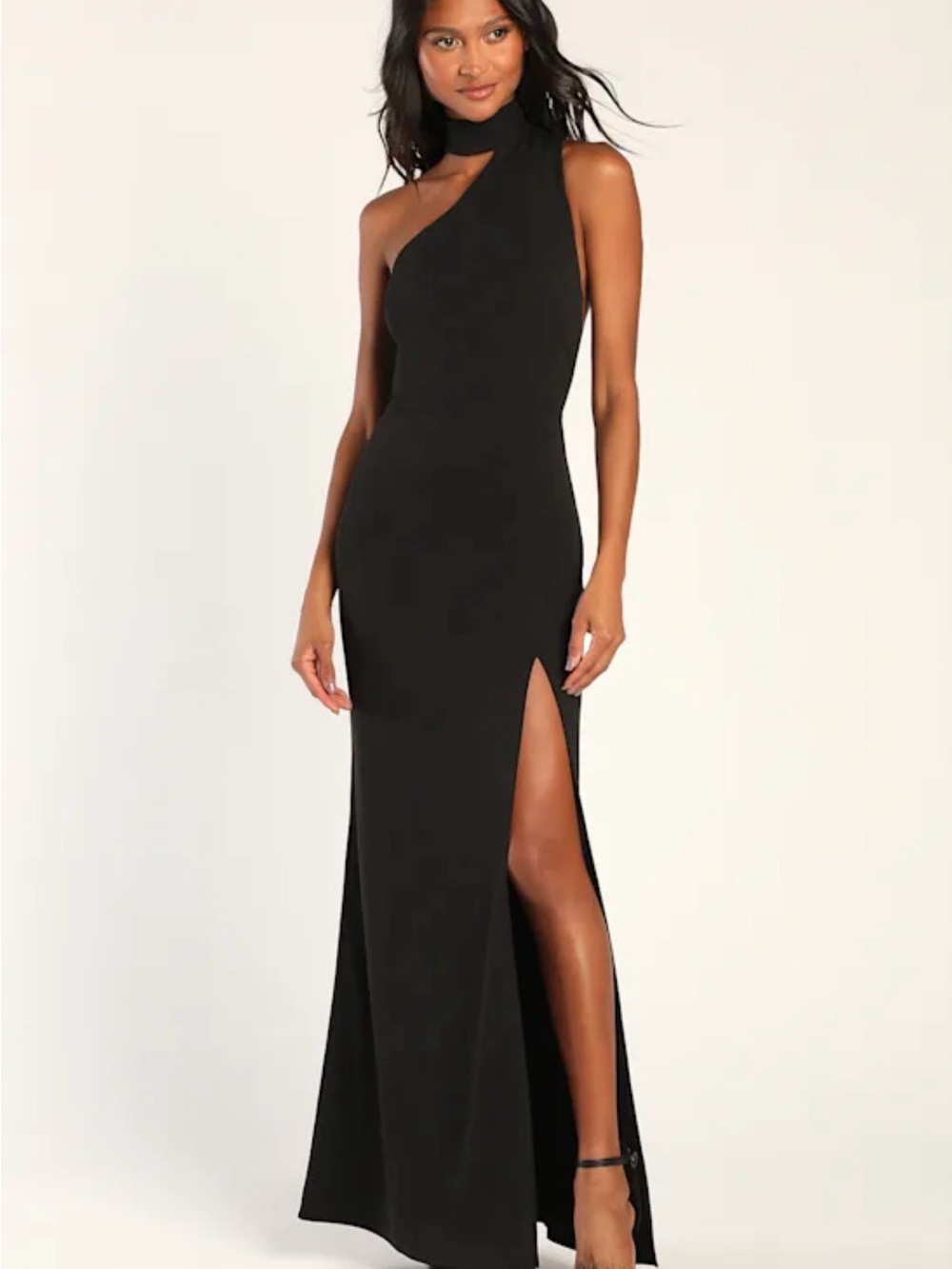 Lulu's “Keep It Interesting” Black Asymmetrical Cutout Halter Maxi Dress
